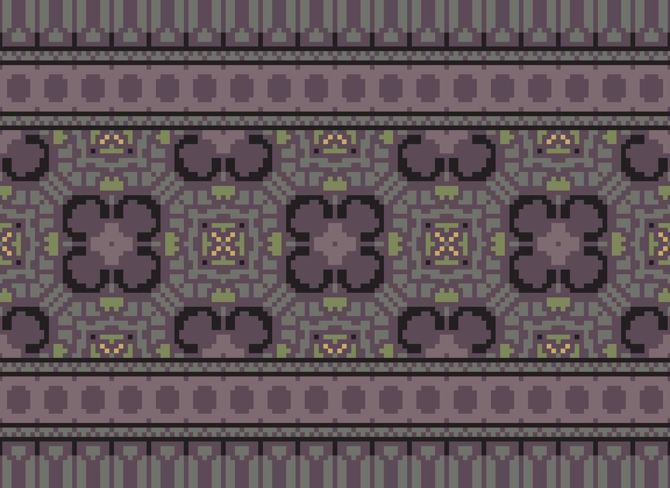Pixel Vintages Cross Stitch Traditional Ethnic Pattern Paisley Flower Ikat Background Abstract Aztec African Indonesian Indian Seamless Pattern for Fabric Print Cloth Dress Carpet Curtains and Sarong vector