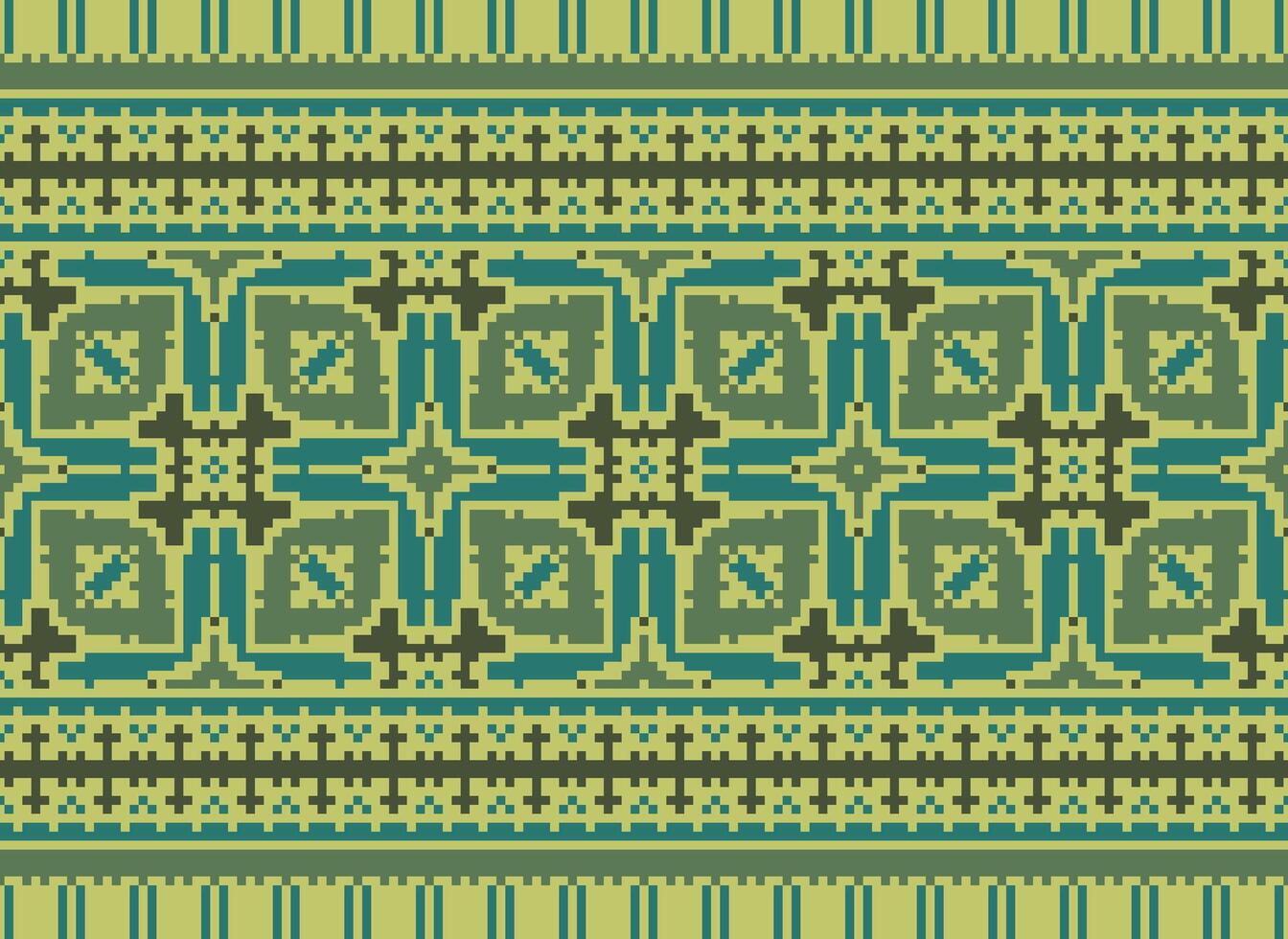 Pixel Vintages Cross Stitch Traditional Ethnic Pattern Paisley Flower Ikat Background Abstract Aztec African Indonesian Indian Seamless Pattern for Fabric Print Cloth Dress Carpet Curtains and Sarong vector