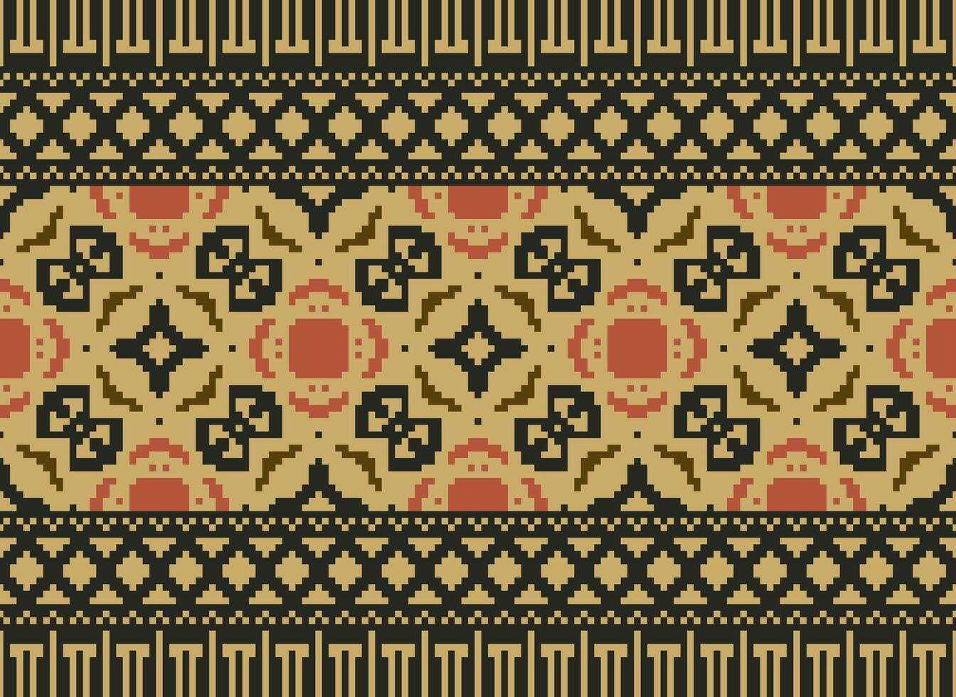 Pixel Vintages Cross Stitch Traditional Ethnic Pattern Paisley Flower Ikat Background Abstract Aztec African Indonesian Indian Seamless Pattern for Fabric Print Cloth Dress Carpet Curtains and Sarong vector