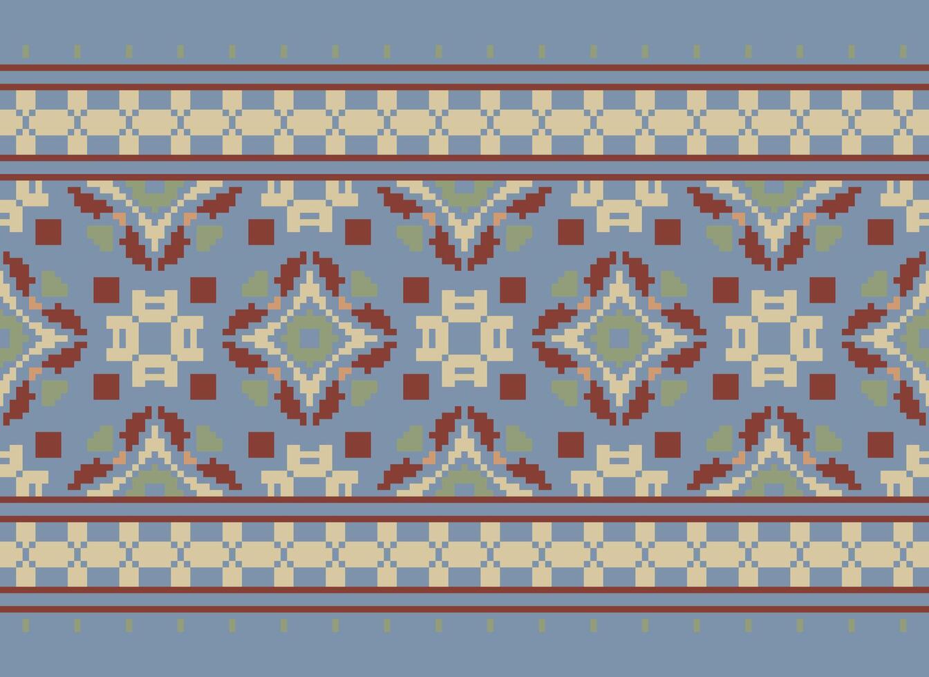 Pixel Vintages Cross Stitch Traditional Ethnic Pattern Paisley Flower Ikat Background Abstract Aztec African Indonesian Indian Seamless Pattern for Fabric Print Cloth Dress Carpet Curtains and Sarong vector