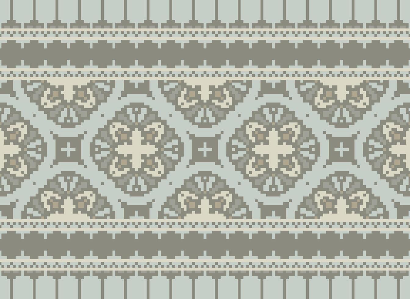 Pixel Vintages Cross Stitch Traditional Ethnic Pattern Paisley Flower Ikat Background Abstract Aztec African Indonesian Indian Seamless Pattern for Fabric Print Cloth Dress Carpet Curtains and Sarong vector
