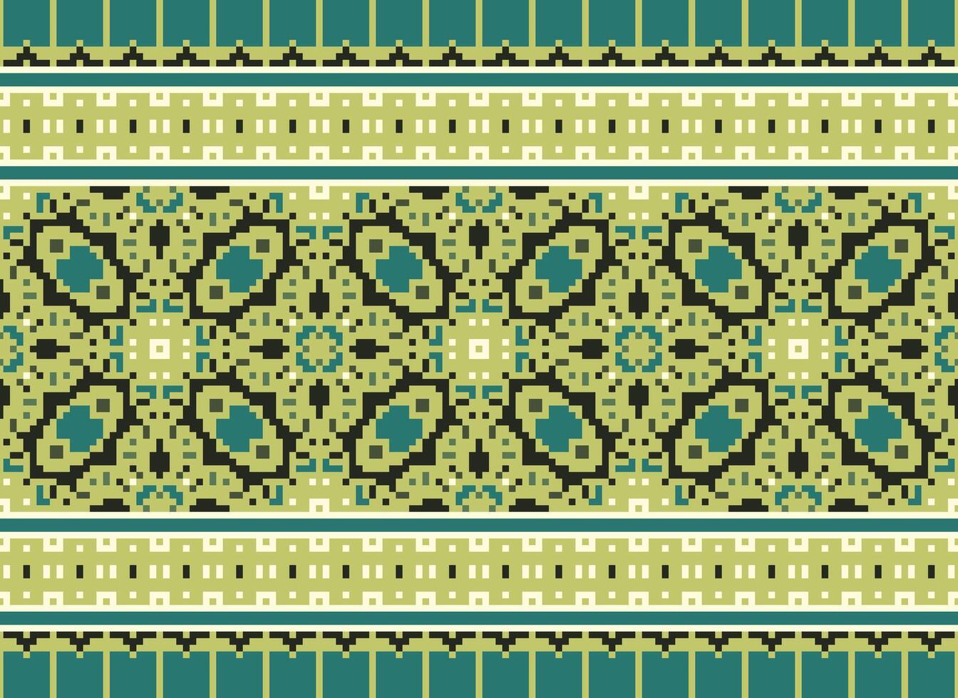 Pixel Vintages Cross Stitch Traditional Ethnic Pattern Paisley Flower Ikat Background Abstract Aztec African Indonesian Indian Seamless Pattern for Fabric Print Cloth Dress Carpet Curtains and Sarong vector