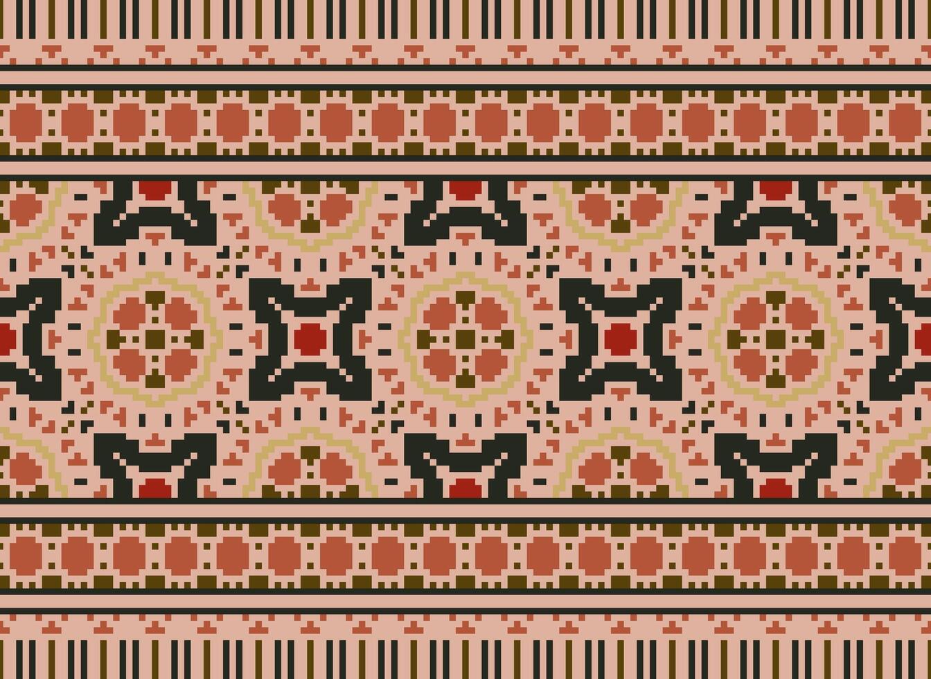 Pixel Vintages Cross Stitch Traditional Ethnic Pattern Paisley Flower Ikat Background Abstract Aztec African Indonesian Indian Seamless Pattern for Fabric Print Cloth Dress Carpet Curtains and Sarong vector
