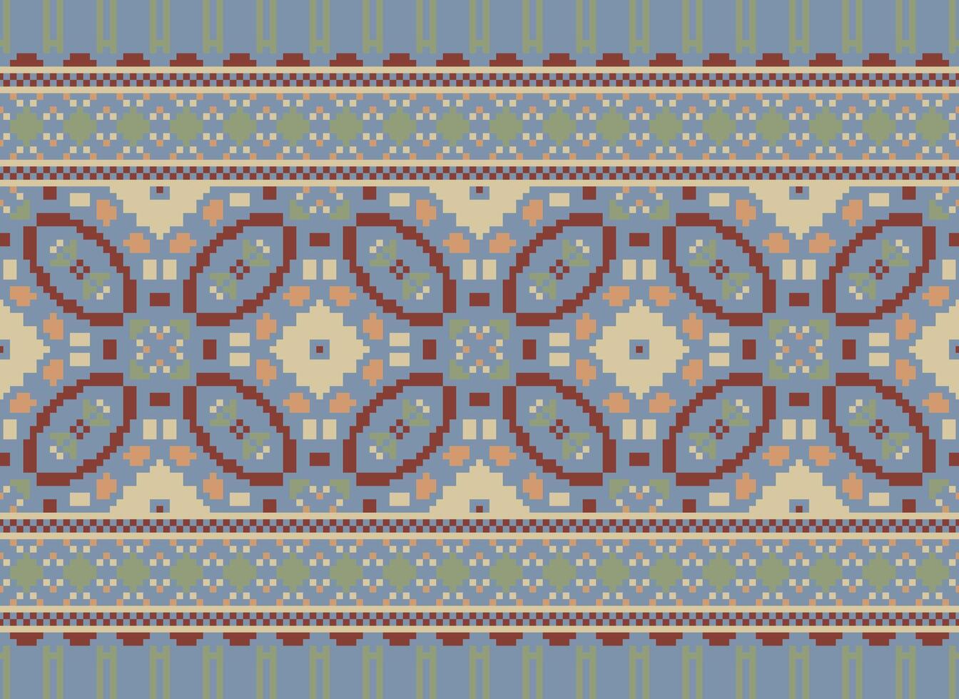 Pixel Vintages Cross Stitch Traditional Ethnic Pattern Paisley Flower Ikat Background Abstract Aztec African Indonesian Indian Seamless Pattern for Fabric Print Cloth Dress Carpet Curtains and Sarong vector