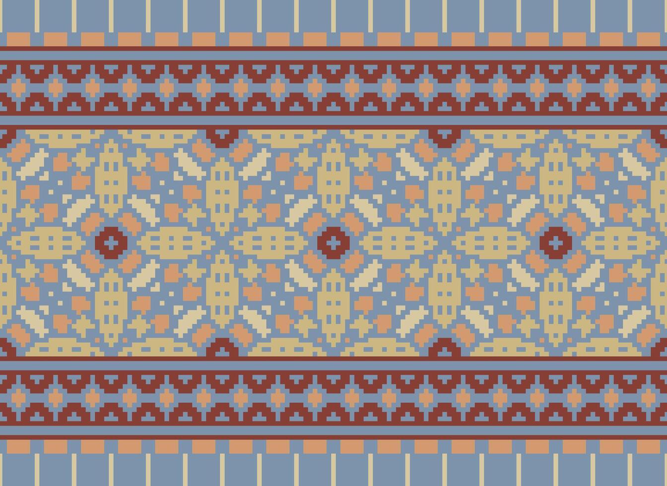 Pixel Vintages Cross Stitch Traditional Ethnic Pattern Paisley Flower Ikat Background Abstract Aztec African Indonesian Indian Seamless Pattern for Fabric Print Cloth Dress Carpet Curtains and Sarong vector