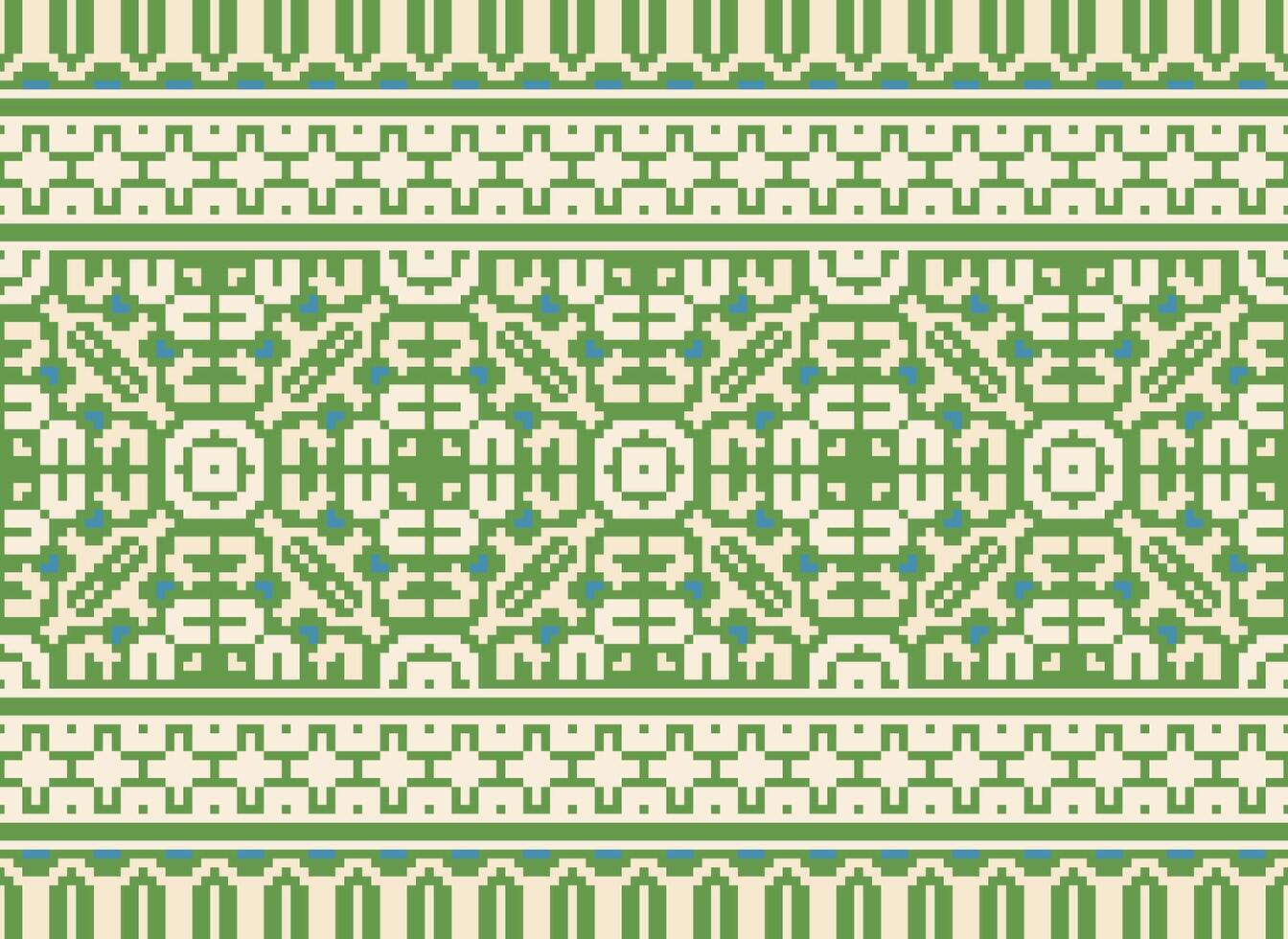 Pixel Vintages Cross Stitch Traditional Ethnic Pattern Paisley Flower Ikat Background Abstract Aztec African Indonesian Indian Seamless Pattern for Fabric Print Cloth Dress Carpet Curtains and Sarong vector