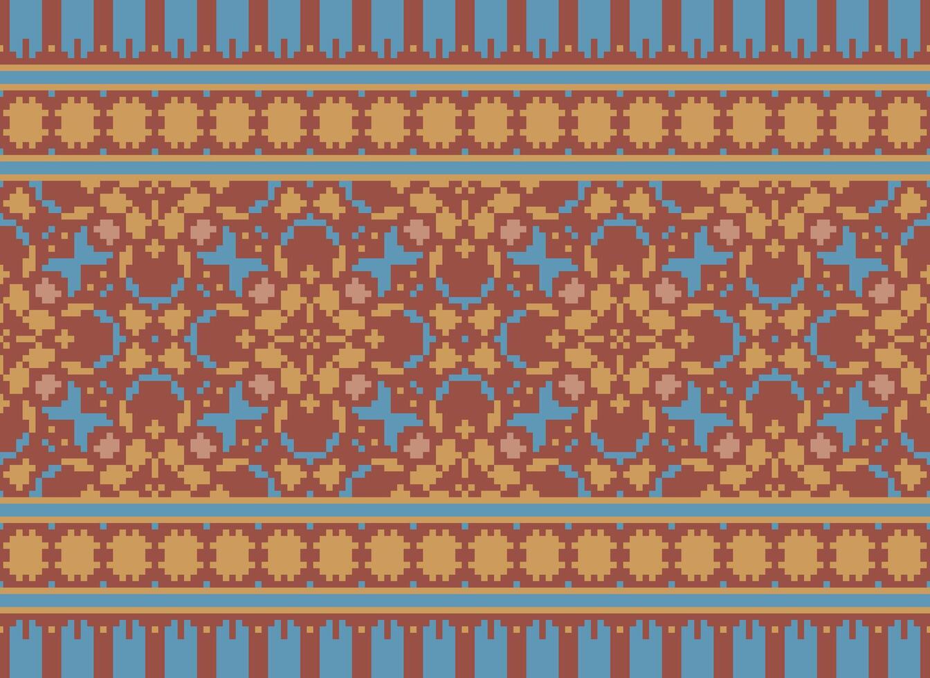 Pixel Vintages Cross Stitch Traditional Ethnic Pattern Paisley Flower Ikat Background Abstract Aztec African Indonesian Indian Seamless Pattern for Fabric Print Cloth Dress Carpet Curtains and Sarong vector