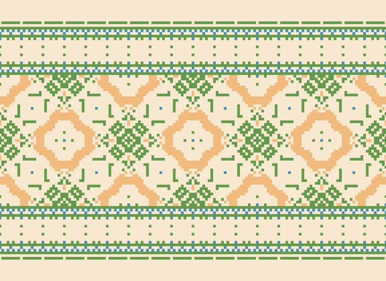 Pixel Vintages Cross Stitch Traditional Ethnic Pattern Paisley Flower Ikat Background Abstract Aztec African Indonesian Indian Seamless Pattern for Fabric Print Cloth Dress Carpet Curtains and Sarong vector