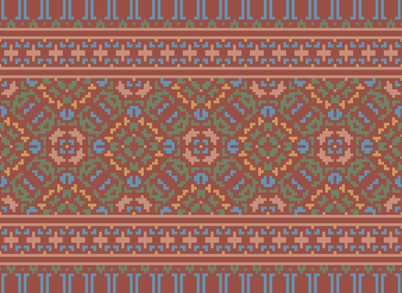 Pixel Vintages Cross Stitch Traditional Ethnic Pattern Paisley Flower Ikat Background Abstract Aztec African Indonesian Indian Seamless Pattern for Fabric Print Cloth Dress Carpet Curtains and Sarong vector