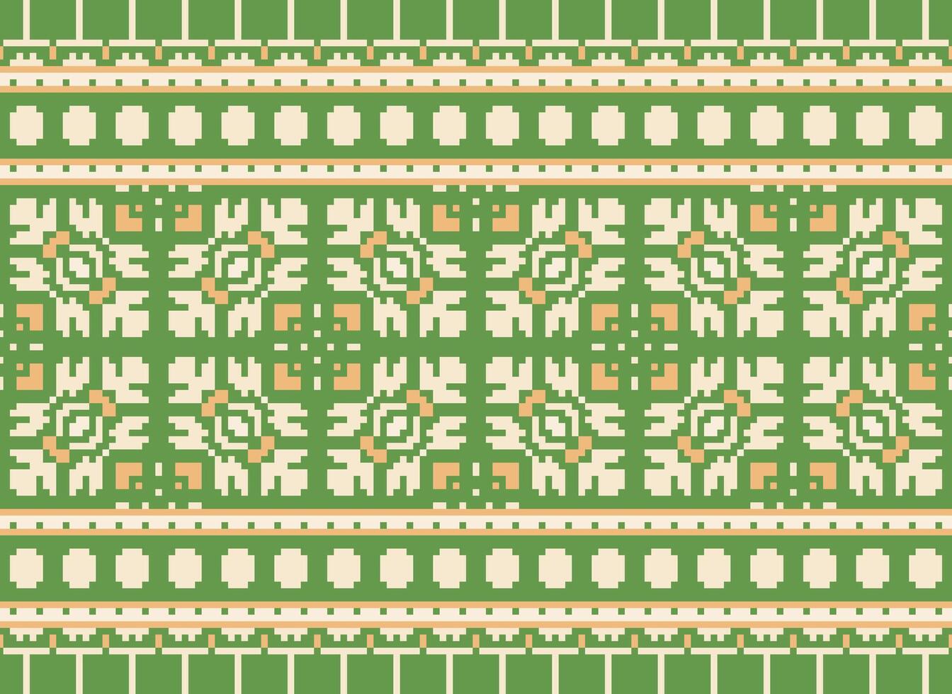 Pixel Vintages Cross Stitch Traditional Ethnic Pattern Paisley Flower Ikat Background Abstract Aztec African Indonesian Indian Seamless Pattern for Fabric Print Cloth Dress Carpet Curtains and Sarong vector