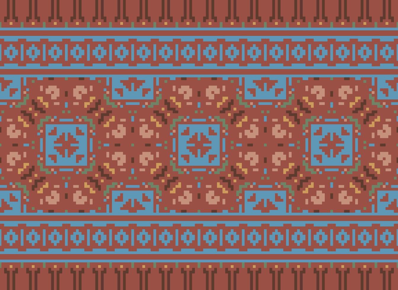Pixel Vintages Cross Stitch Traditional Ethnic Pattern Paisley Flower Ikat Background Abstract Aztec African Indonesian Indian Seamless Pattern for Fabric Print Cloth Dress Carpet Curtains and Sarong vector