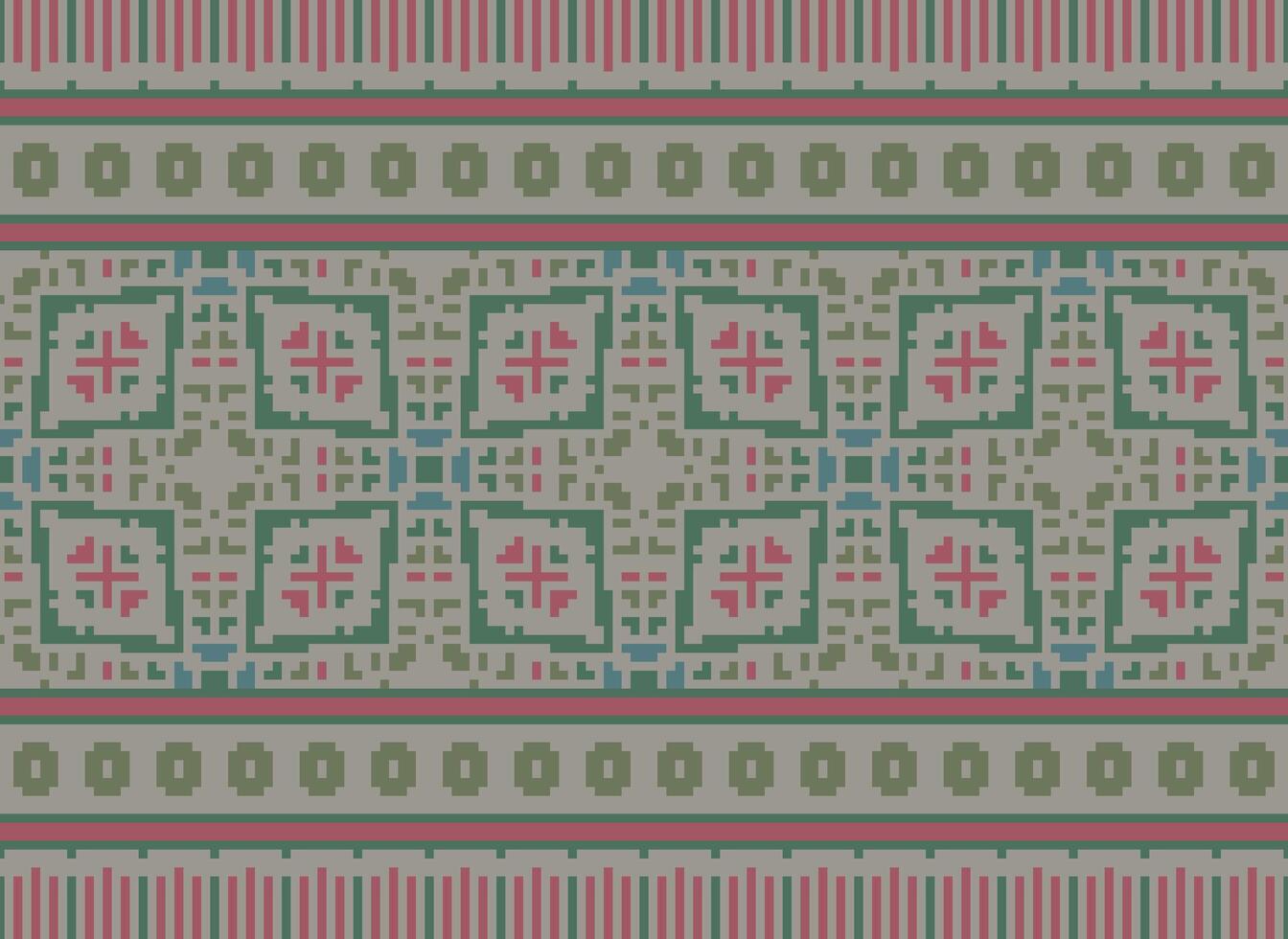 Pixel Vintages Cross Stitch Traditional Ethnic Pattern Paisley Flower Ikat Background Abstract Aztec African Indonesian Indian Seamless Pattern for Fabric Print Cloth Dress Carpet Curtains and Sarong vector