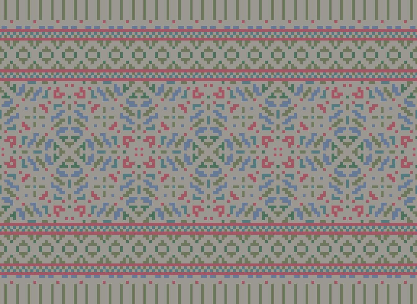 Pixel Vintages Cross Stitch Traditional Ethnic Pattern Paisley Flower Ikat Background Abstract Aztec African Indonesian Indian Seamless Pattern for Fabric Print Cloth Dress Carpet Curtains and Sarong vector