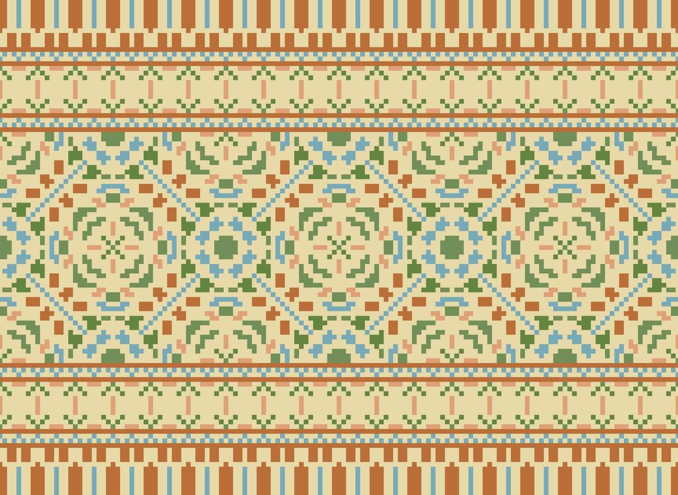 Pixel Vintages Cross Stitch Traditional Ethnic Pattern Paisley Flower Ikat Background Abstract Aztec African Indonesian Indian Seamless Pattern for Fabric Print Cloth Dress Carpet Curtains and Sarong vector