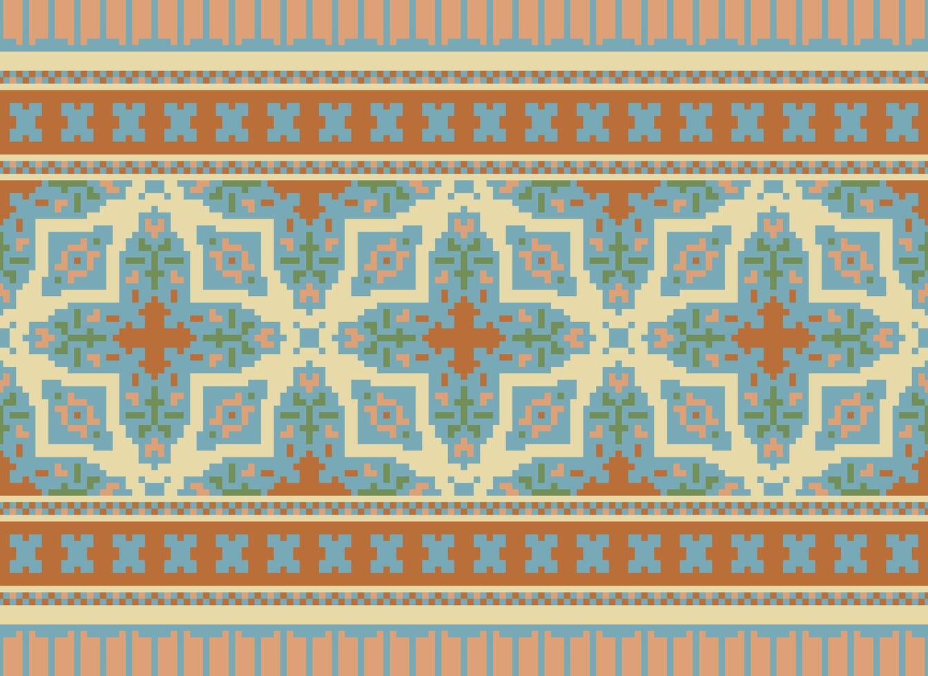 Pixel Vintages Cross Stitch Traditional Ethnic Pattern Paisley Flower Ikat Background Abstract Aztec African Indonesian Indian Seamless Pattern for Fabric Print Cloth Dress Carpet Curtains and Sarong vector