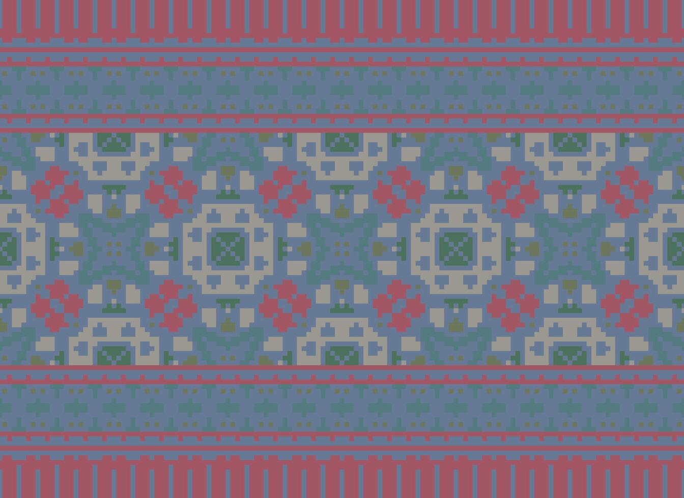Pixel Vintages Cross Stitch Traditional Ethnic Pattern Paisley Flower Ikat Background Abstract Aztec African Indonesian Indian Seamless Pattern for Fabric Print Cloth Dress Carpet Curtains and Sarong vector