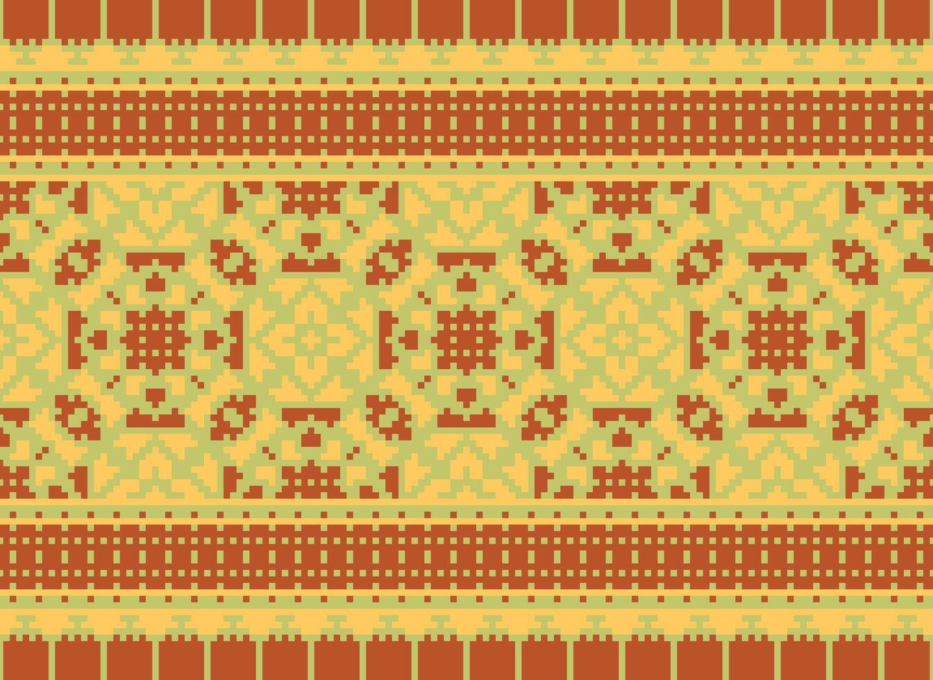 Pixel Vintages Cross Stitch Traditional Ethnic Pattern Paisley Flower Ikat Background Abstract Aztec African Indonesian Indian Seamless Pattern for Fabric Print Cloth Dress Carpet Curtains and Sarong vector