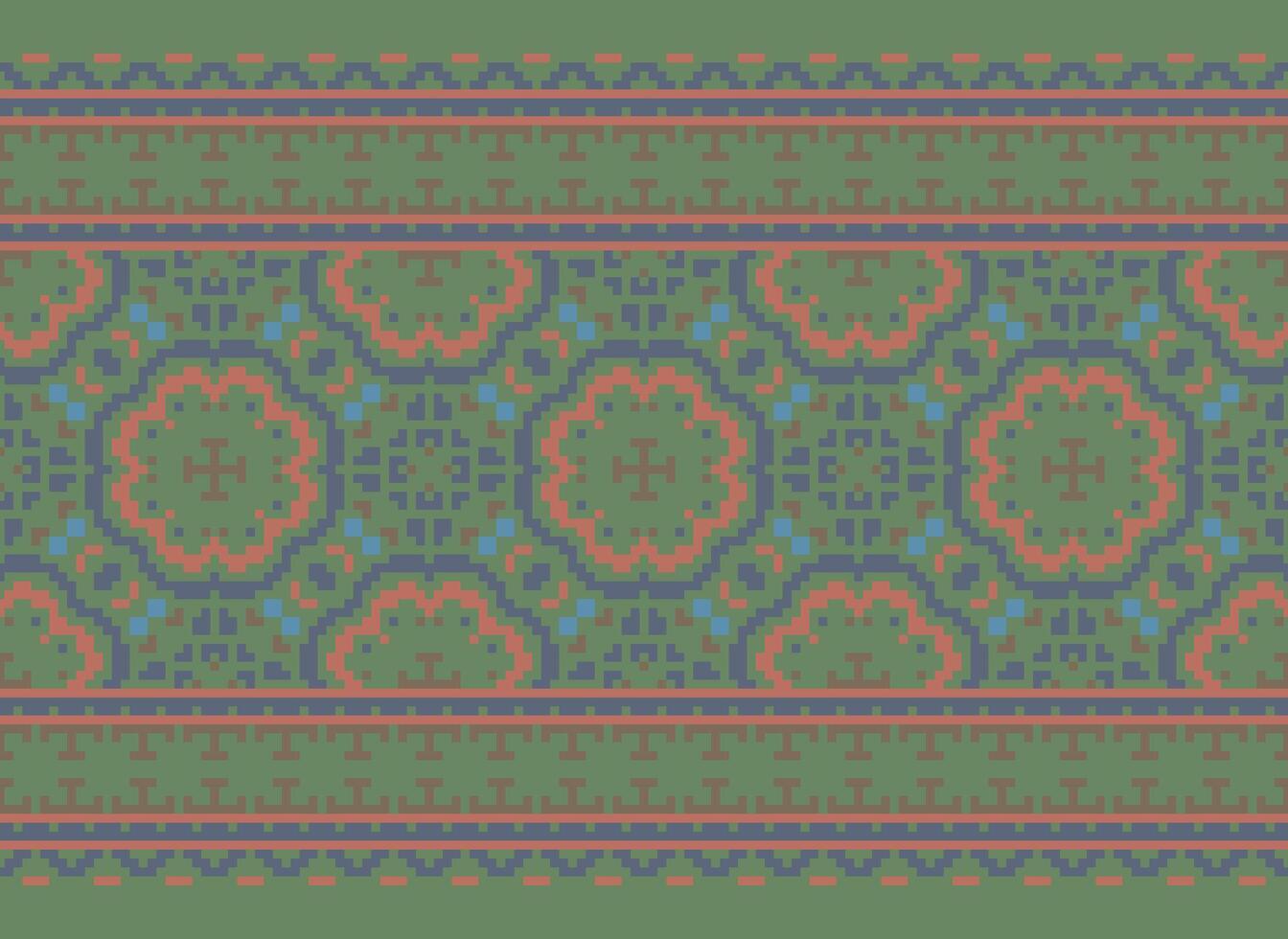 Pixel Vintages Cross Stitch Traditional Ethnic Pattern Paisley Flower Ikat Background Abstract Aztec African Indonesian Indian Seamless Pattern for Fabric Print Cloth Dress Carpet Curtains and Sarong vector