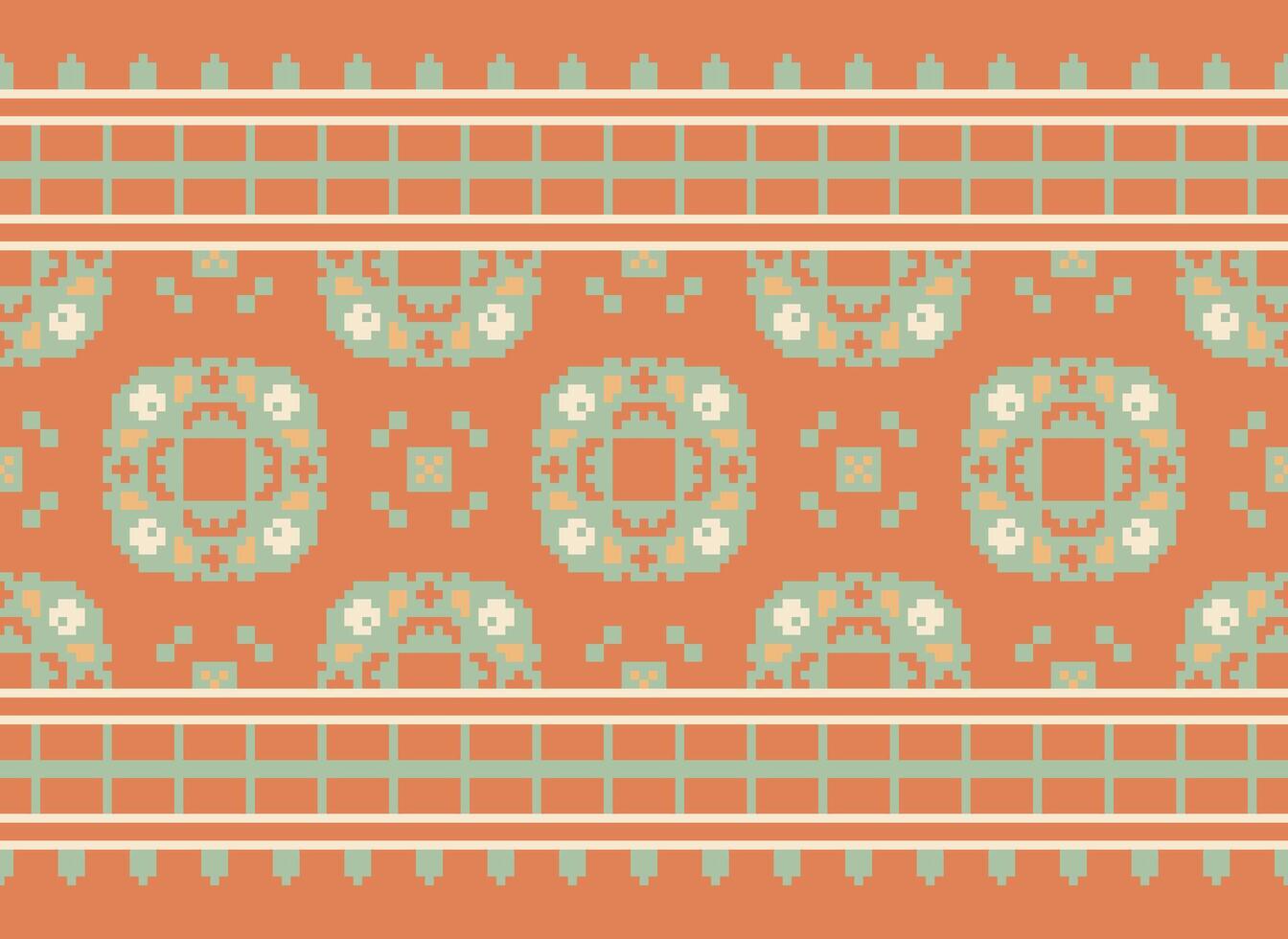 Pixel Vintages Cross Stitch Traditional Ethnic Pattern Paisley Flower Ikat Background Abstract Aztec African Indonesian Indian Seamless Pattern for Fabric Print Cloth Dress Carpet Curtains and Sarong vector