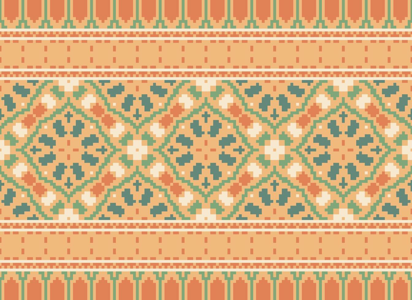 Pixel Vintages Cross Stitch Traditional Ethnic Pattern Paisley Flower Ikat Background Abstract Aztec African Indonesian Indian Seamless Pattern for Fabric Print Cloth Dress Carpet Curtains and Sarong vector