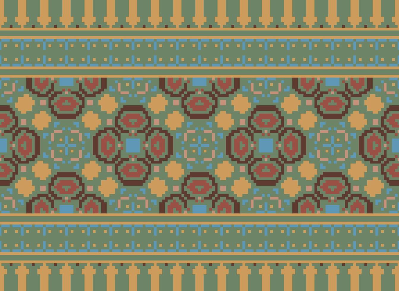 Pixel Vintages Cross Stitch Traditional Ethnic Pattern Paisley Flower Ikat Background Abstract Aztec African Indonesian Indian Seamless Pattern for Fabric Print Cloth Dress Carpet Curtains and Sarong vector