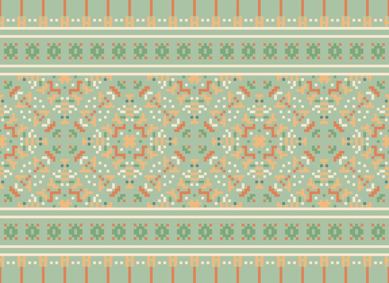 Pixel Vintages Cross Stitch Traditional Ethnic Pattern Paisley Flower Ikat Background Abstract Aztec African Indonesian Indian Seamless Pattern for Fabric Print Cloth Dress Carpet Curtains and Sarong vector
