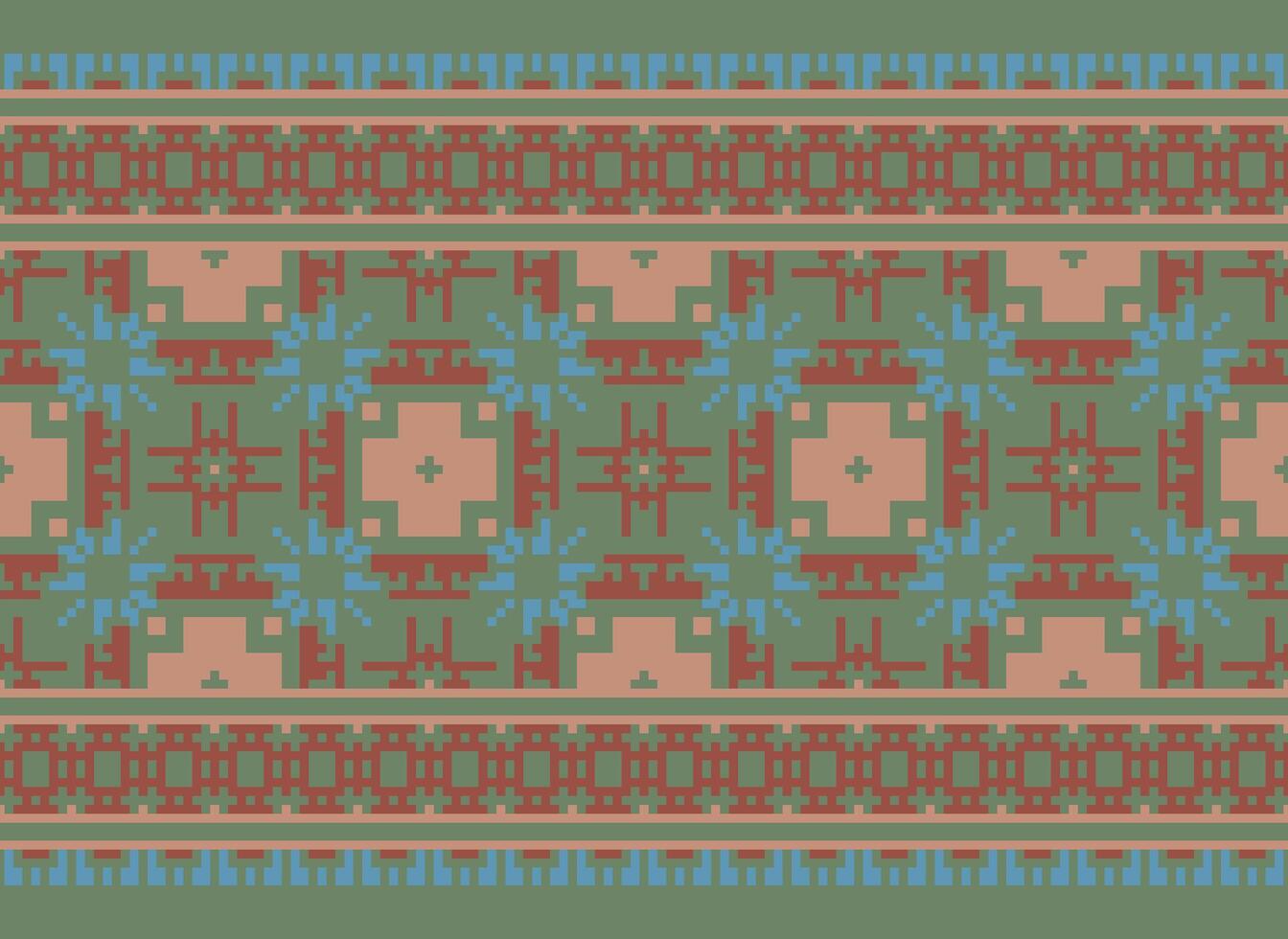 Pixel Vintages Cross Stitch Traditional Ethnic Pattern Paisley Flower Ikat Background Abstract Aztec African Indonesian Indian Seamless Pattern for Fabric Print Cloth Dress Carpet Curtains and Sarong vector