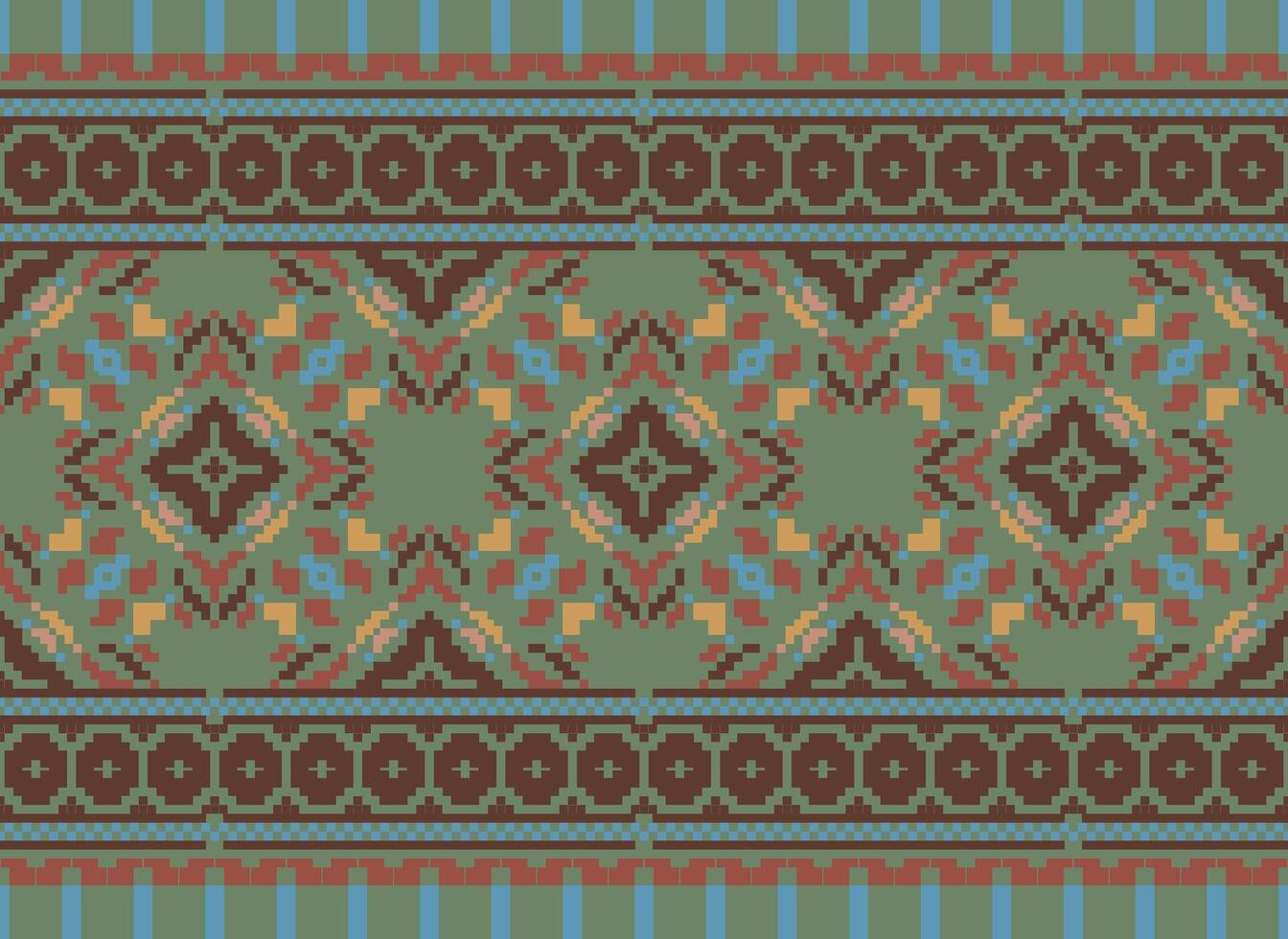 Pixel Vintages Cross Stitch Traditional Ethnic Pattern Paisley Flower Ikat Background Abstract Aztec African Indonesian Indian Seamless Pattern for Fabric Print Cloth Dress Carpet Curtains and Sarong vector