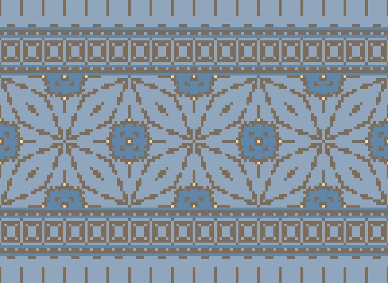 Pixel Vintages Cross Stitch Traditional Ethnic Pattern Paisley Flower Ikat Background Abstract Aztec African Indonesian Indian Seamless Pattern for Fabric Print Cloth Dress Carpet Curtains and Sarong vector