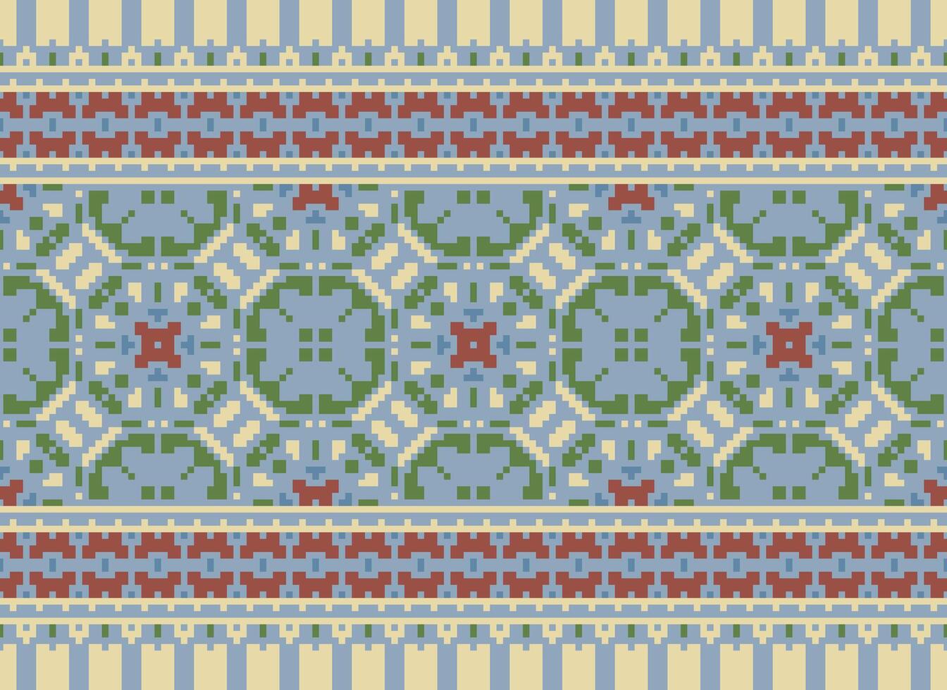 Pixel Vintages Cross Stitch Traditional Ethnic Pattern Paisley Flower Ikat Background Abstract Aztec African Indonesian Indian Seamless Pattern for Fabric Print Cloth Dress Carpet Curtains and Sarong vector