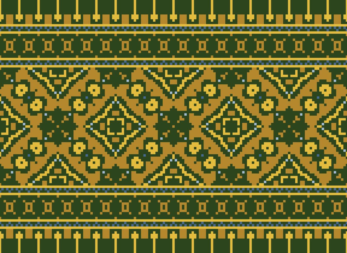 Pixel Vintages Cross Stitch Traditional Ethnic Pattern Paisley Flower Ikat Background Abstract Aztec African Indonesian Indian Seamless Pattern for Fabric Print Cloth Dress Carpet Curtains and Sarong vector
