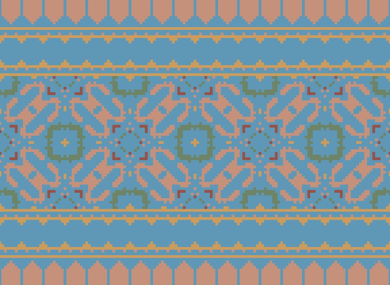 Pixel Vintages Cross Stitch Traditional Ethnic Pattern Paisley Flower Ikat Background Abstract Aztec African Indonesian Indian Seamless Pattern for Fabric Print Cloth Dress Carpet Curtains and Sarong vector