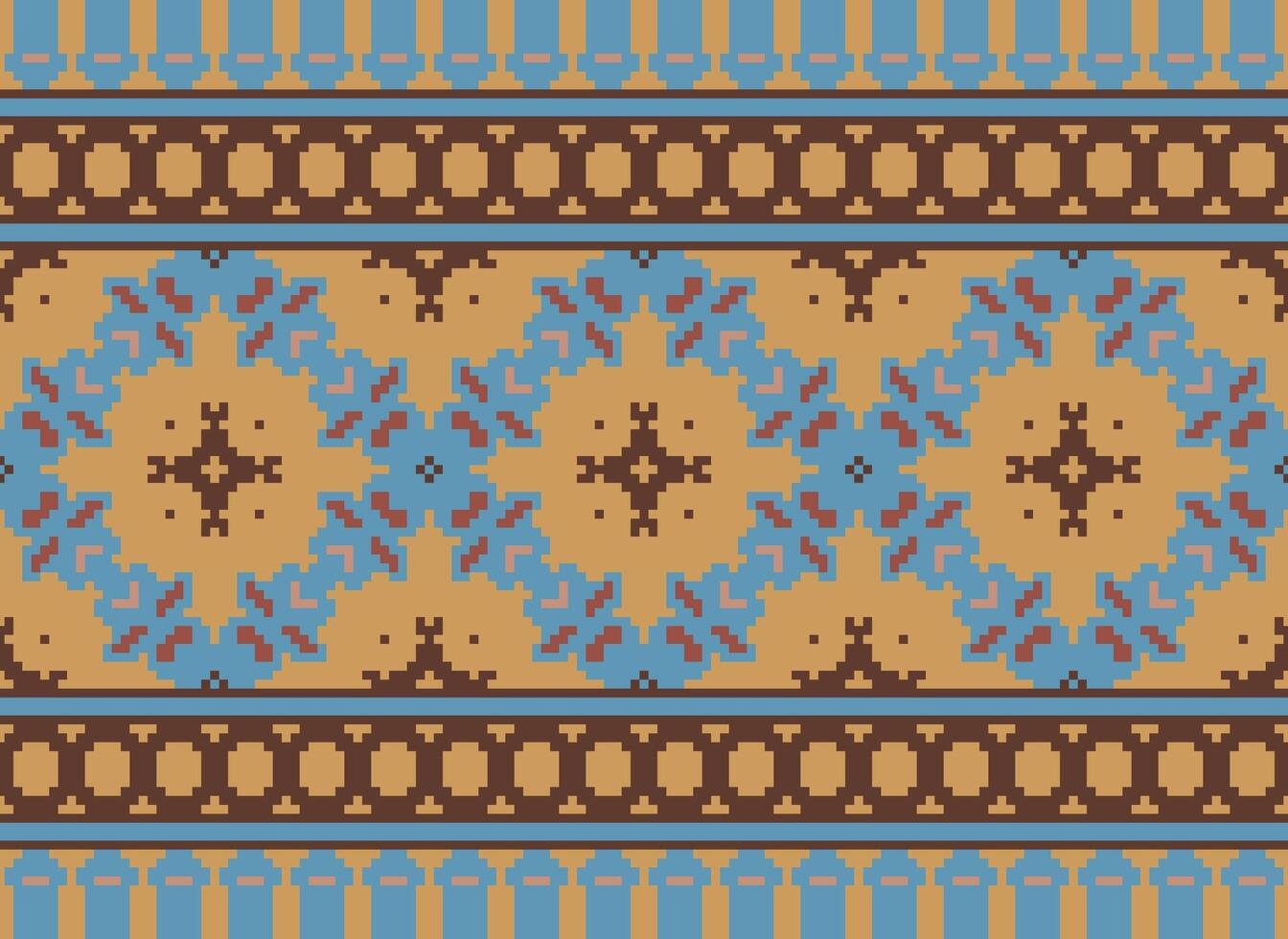 Pixel Vintages Cross Stitch Traditional Ethnic Pattern Paisley Flower Ikat Background Abstract Aztec African Indonesian Indian Seamless Pattern for Fabric Print Cloth Dress Carpet Curtains and Sarong vector