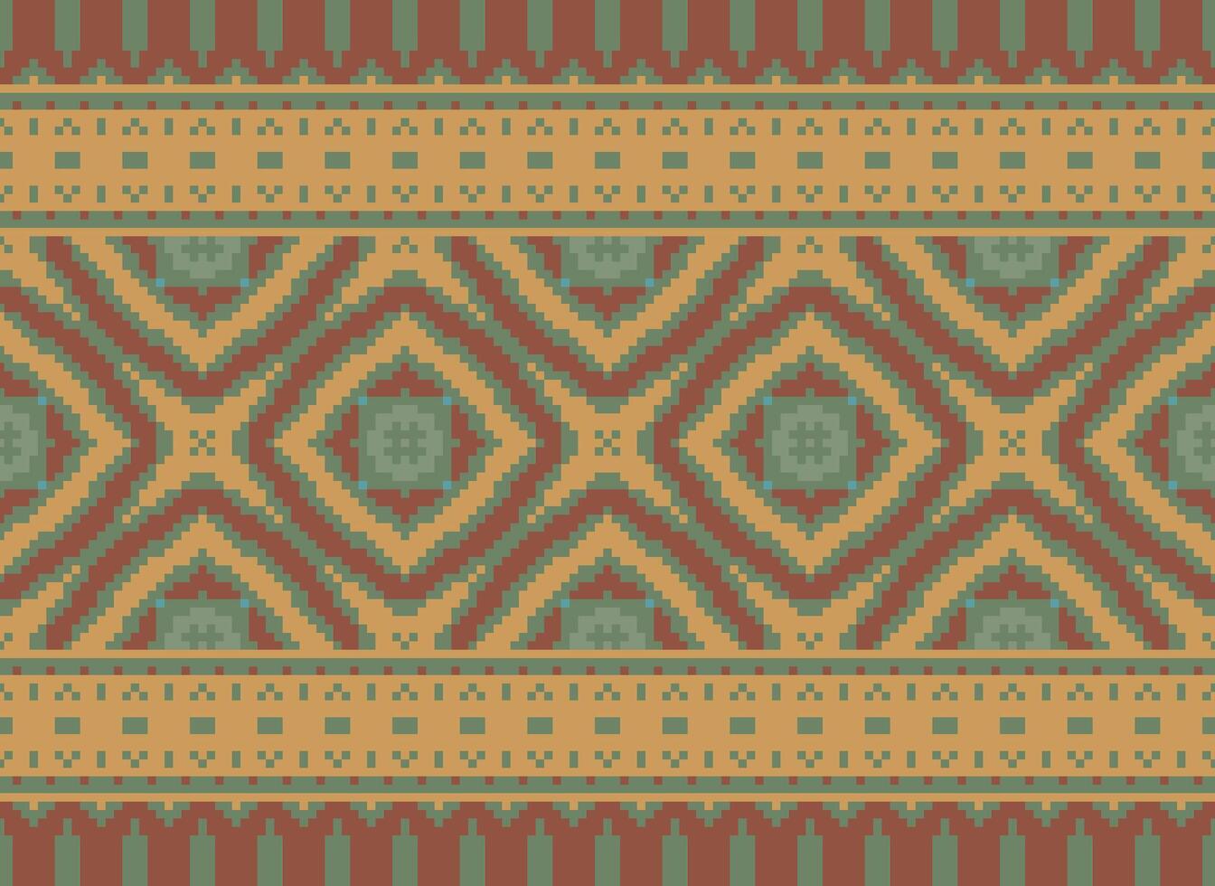 Pixel Vintages Cross Stitch Traditional Ethnic Pattern Paisley Flower Ikat Background Abstract Aztec African Indonesian Indian Seamless Pattern for Fabric Print Cloth Dress Carpet Curtains and Sarong vector
