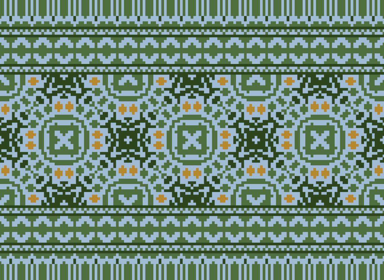 Pixel Vintages Cross Stitch Traditional Ethnic Pattern Paisley Flower Ikat Background Abstract Aztec African Indonesian Indian Seamless Pattern for Fabric Print Cloth Dress Carpet Curtains and Sarong vector