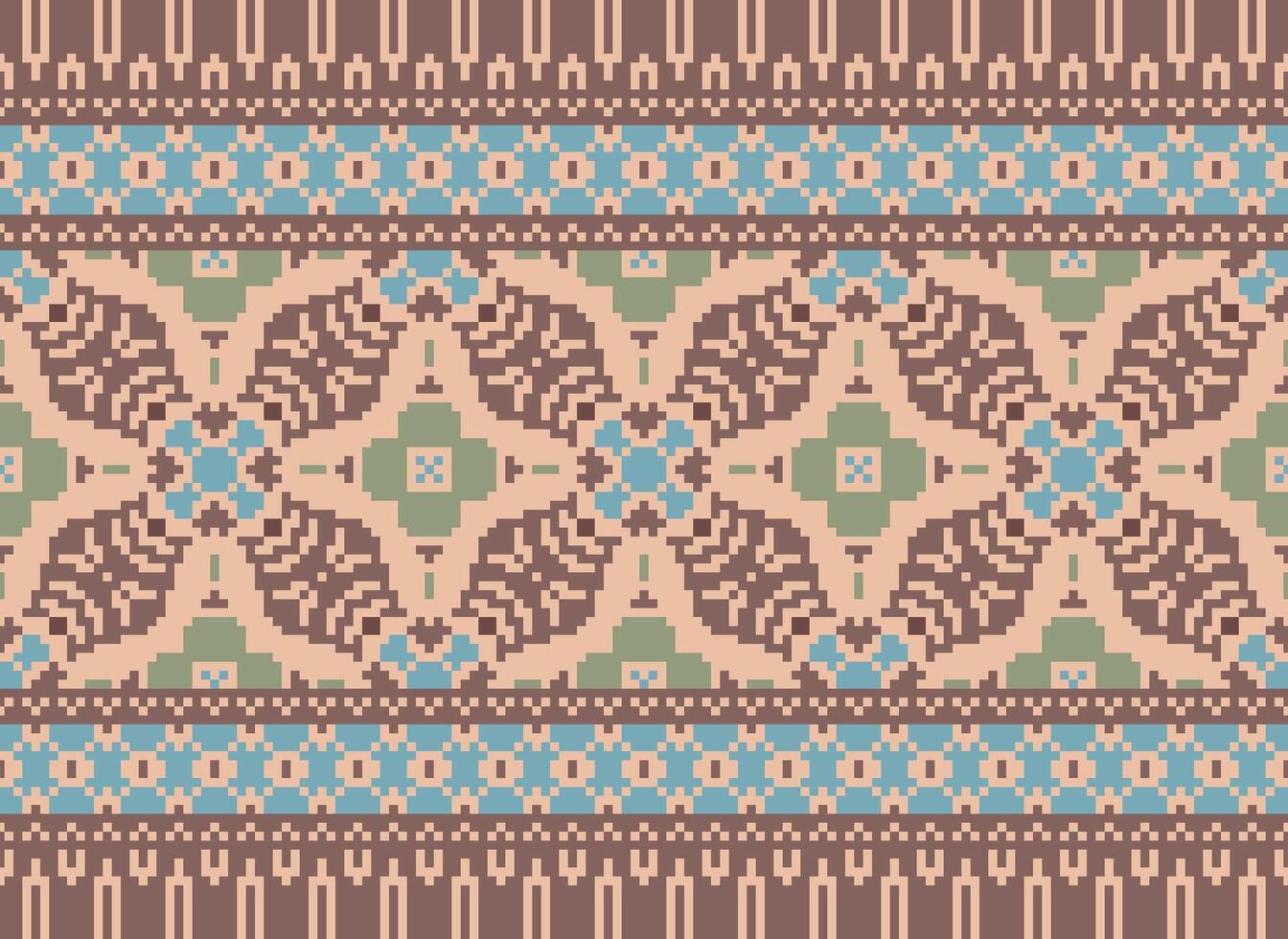 Pixel Vintages Cross Stitch Traditional Ethnic Pattern Paisley Flower Ikat Background Abstract Aztec African Indonesian Indian Seamless Pattern for Fabric Print Cloth Dress Carpet Curtains and Sarong vector