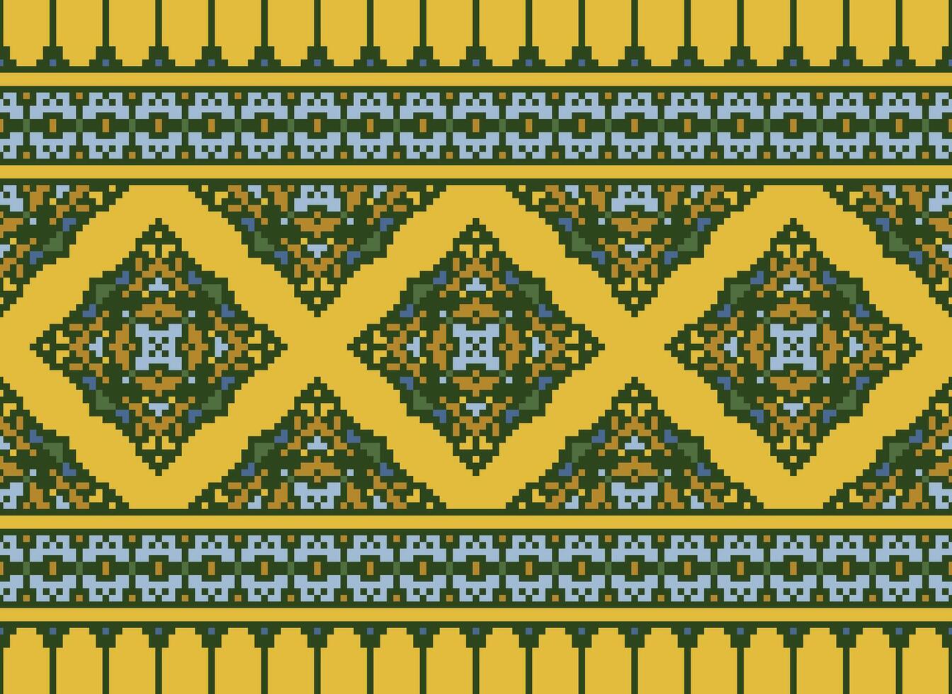 Pixel Vintages Cross Stitch Traditional Ethnic Pattern Paisley Flower Ikat Background Abstract Aztec African Indonesian Indian Seamless Pattern for Fabric Print Cloth Dress Carpet Curtains and Sarong vector