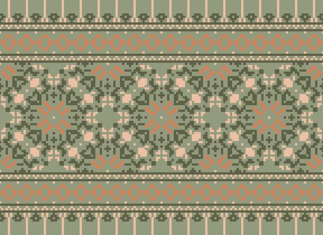 Pixel Vintages Cross Stitch Traditional Ethnic Pattern Paisley Flower Ikat Background Abstract Aztec African Indonesian Indian Seamless Pattern for Fabric Print Cloth Dress Carpet Curtains and Sarong vector