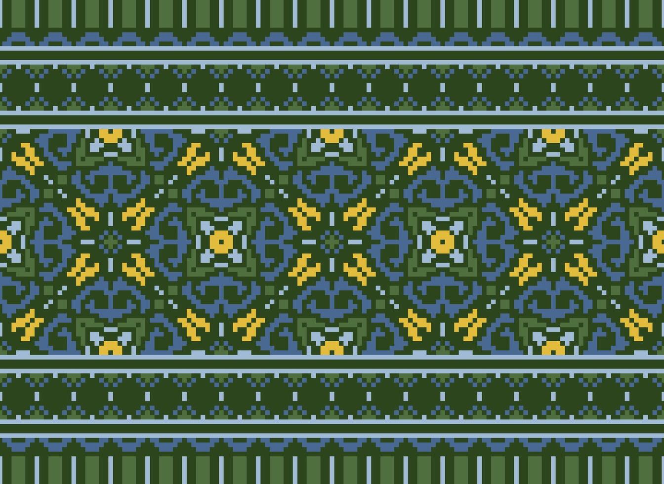 Pixel Vintages Cross Stitch Traditional Ethnic Pattern Paisley Flower Ikat Background Abstract Aztec African Indonesian Indian Seamless Pattern for Fabric Print Cloth Dress Carpet Curtains and Sarong vector