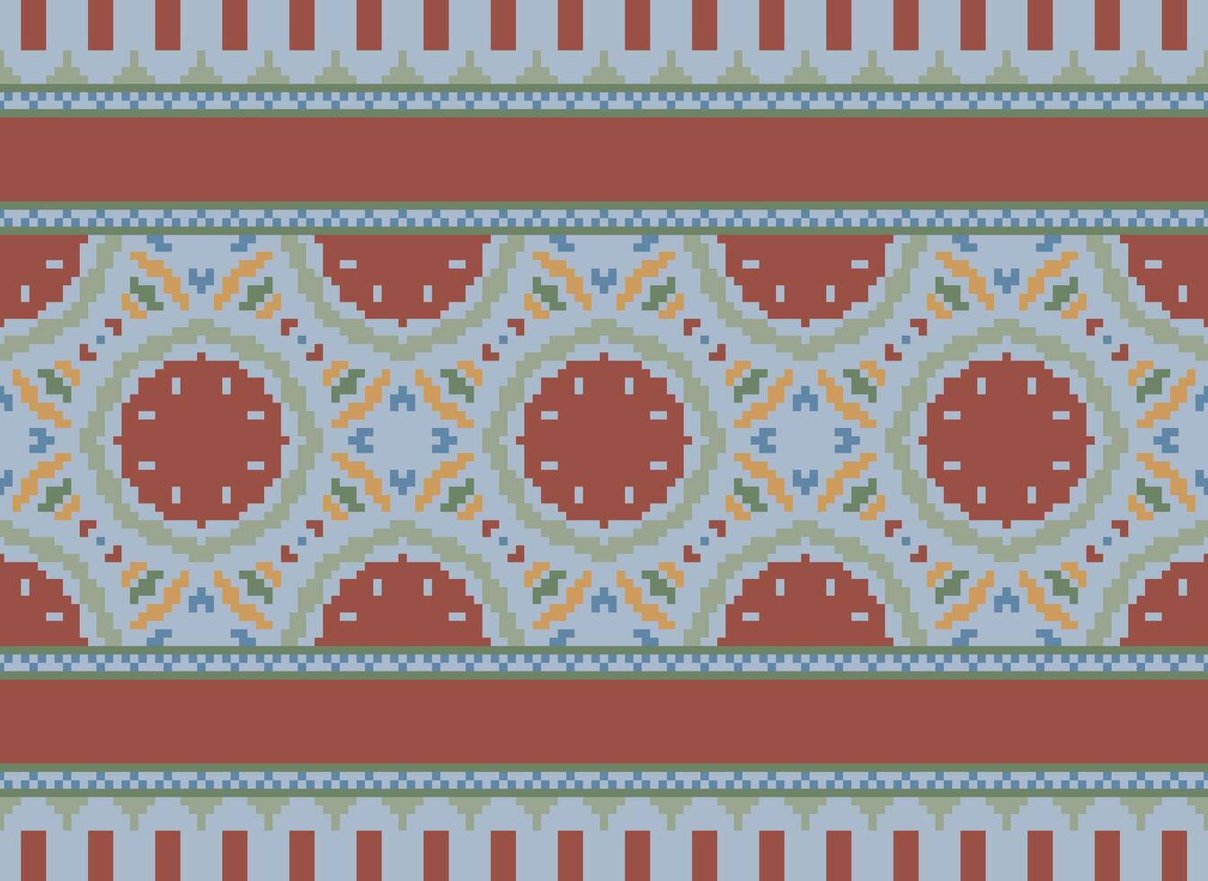 Pixel Vintages Cross Stitch Traditional Ethnic Pattern Paisley Flower Ikat Background Abstract Aztec African Indonesian Indian Seamless Pattern for Fabric Print Cloth Dress Carpet Curtains and Sarong vector