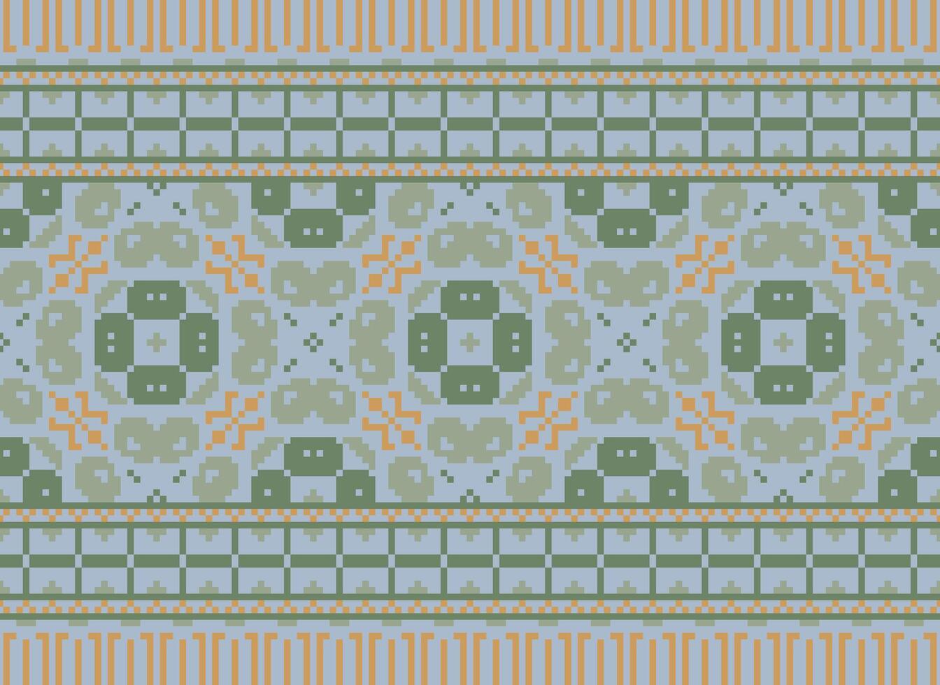 Pixel Vintages Cross Stitch Traditional Ethnic Pattern Paisley Flower Ikat Background Abstract Aztec African Indonesian Indian Seamless Pattern for Fabric Print Cloth Dress Carpet Curtains and Sarong vector
