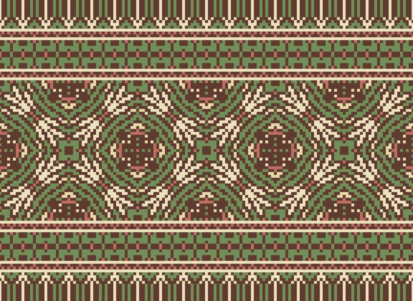 Pixel Vintages Cross Stitch Traditional Ethnic Pattern Paisley Flower Ikat Background Abstract Aztec African Indonesian Indian Seamless Pattern for Fabric Print Cloth Dress Carpet Curtains and Sarong vector