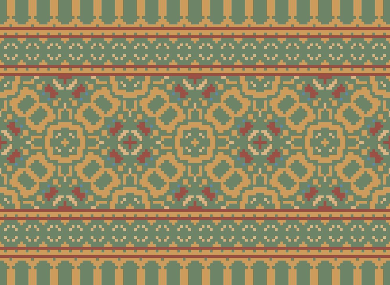 Pixel Vintages Cross Stitch Traditional Ethnic Pattern Paisley Flower Ikat Background Abstract Aztec African Indonesian Indian Seamless Pattern for Fabric Print Cloth Dress Carpet Curtains and Sarong vector