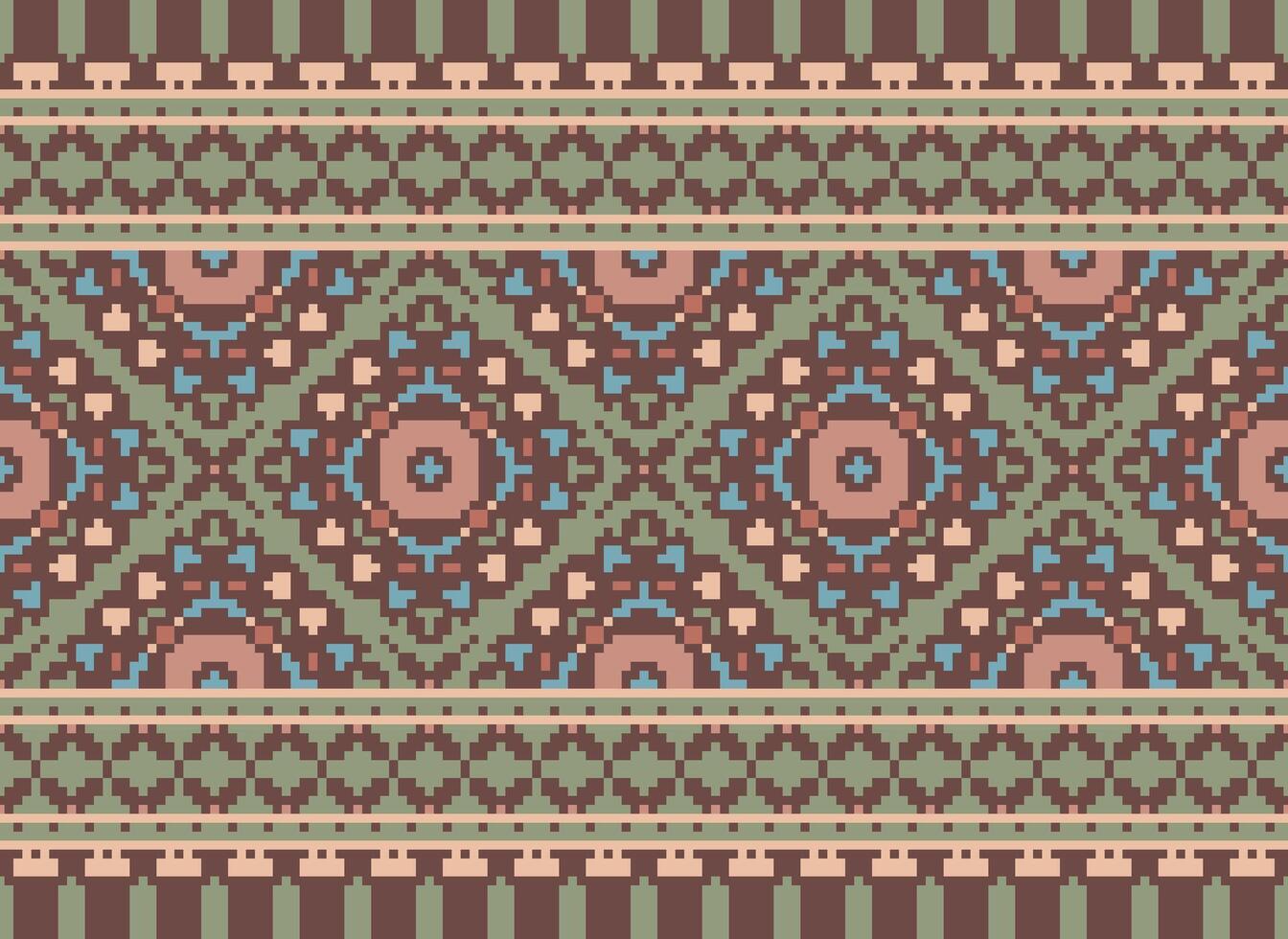 Pixel Vintages Cross Stitch Traditional Ethnic Pattern Paisley Flower Ikat Background Abstract Aztec African Indonesian Indian Seamless Pattern for Fabric Print Cloth Dress Carpet Curtains and Sarong vector