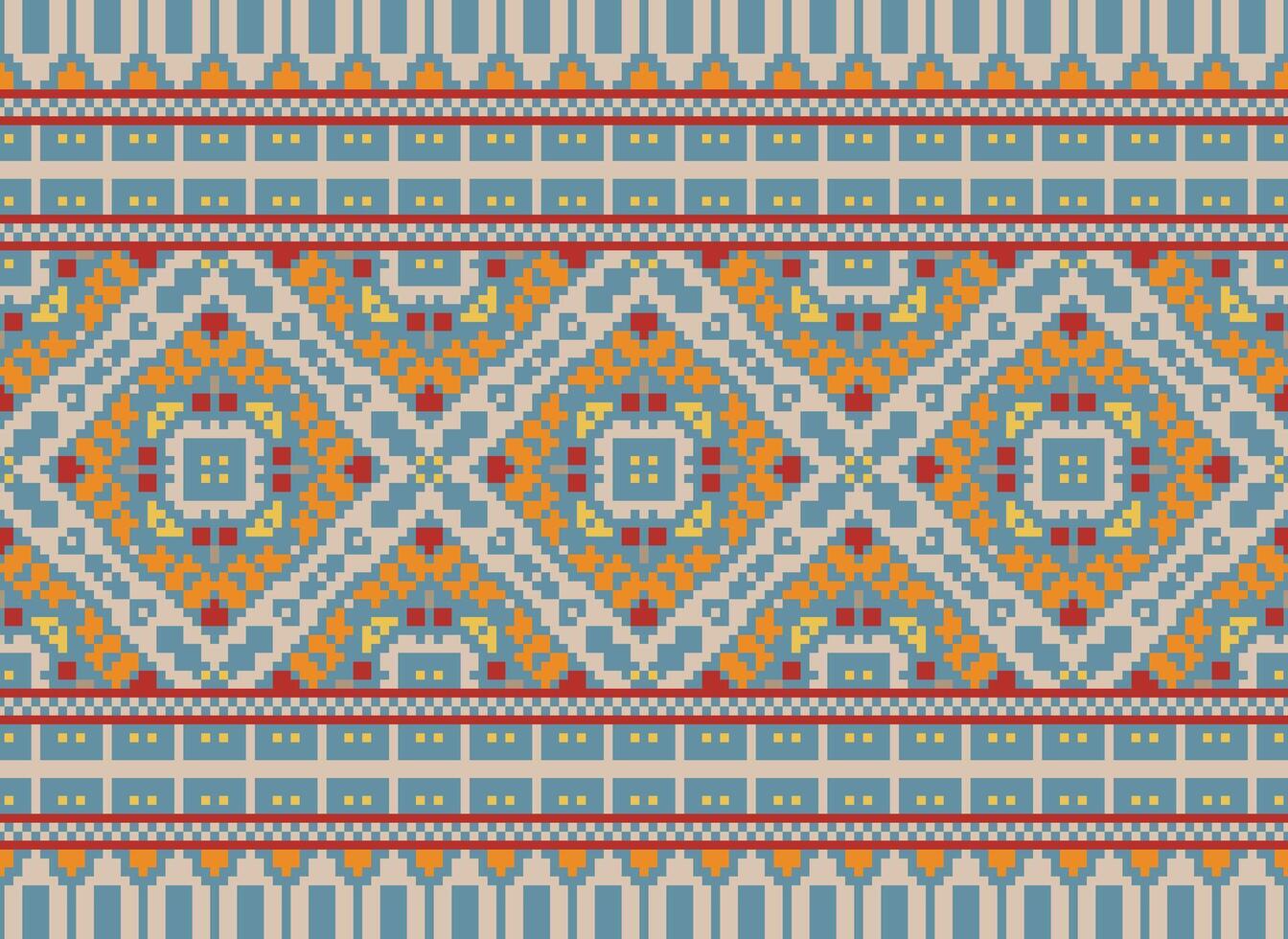 Vintages Cross Stitch Traditional Ethnic Pattern Paisley Flower Ikat Background Abstract Aztec African Indonesian Indian Seamless Pattern for Fabric Print Cloth Dress Carpet Curtains and Sarong vector