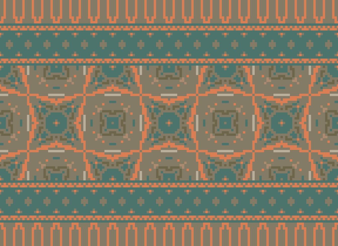 Pixel vintages cross stitch traditional ethnic pattern paisley flower Ikat background abstract Aztec African Indonesian Indian seamless pattern for fabric print cloth dress carpet curtains and sarong vector