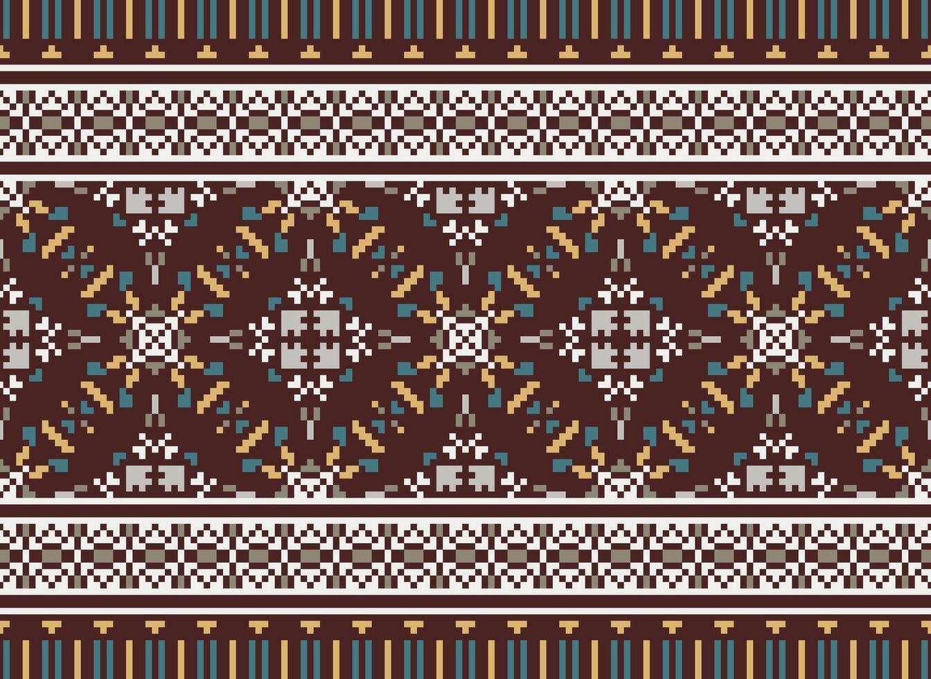 African cross stitch embroidery on background.geometric ethnic oriental seamless pattern traditional.Aztec style abstract vector illustration.design for texture,fabric,clothing,wrapping,carpet.