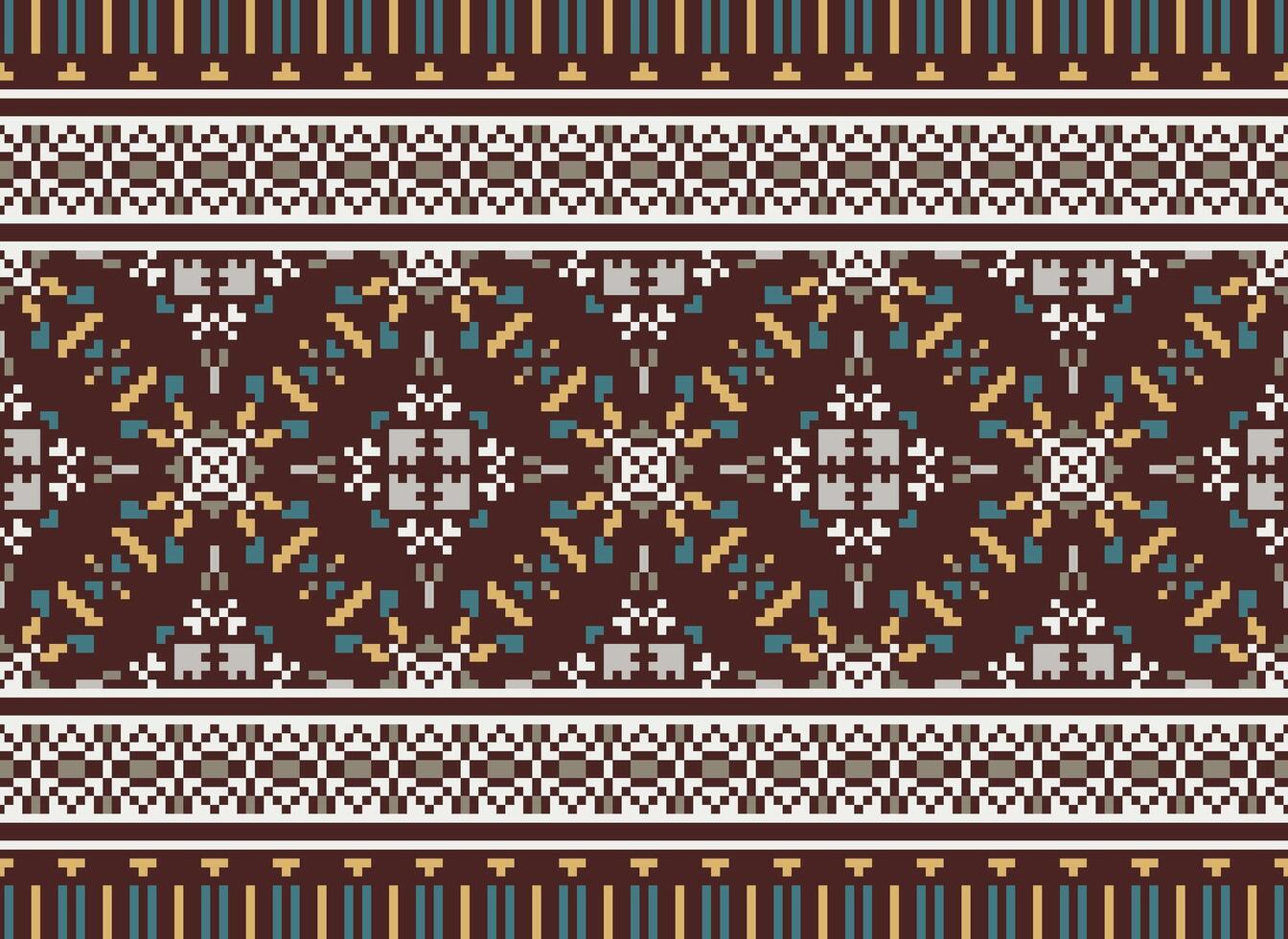 African cross stitch embroidery on background.geometric ethnic oriental seamless pattern traditional.Aztec style abstract vector illustration.design for texture,fabric,clothing,wrapping,carpet.