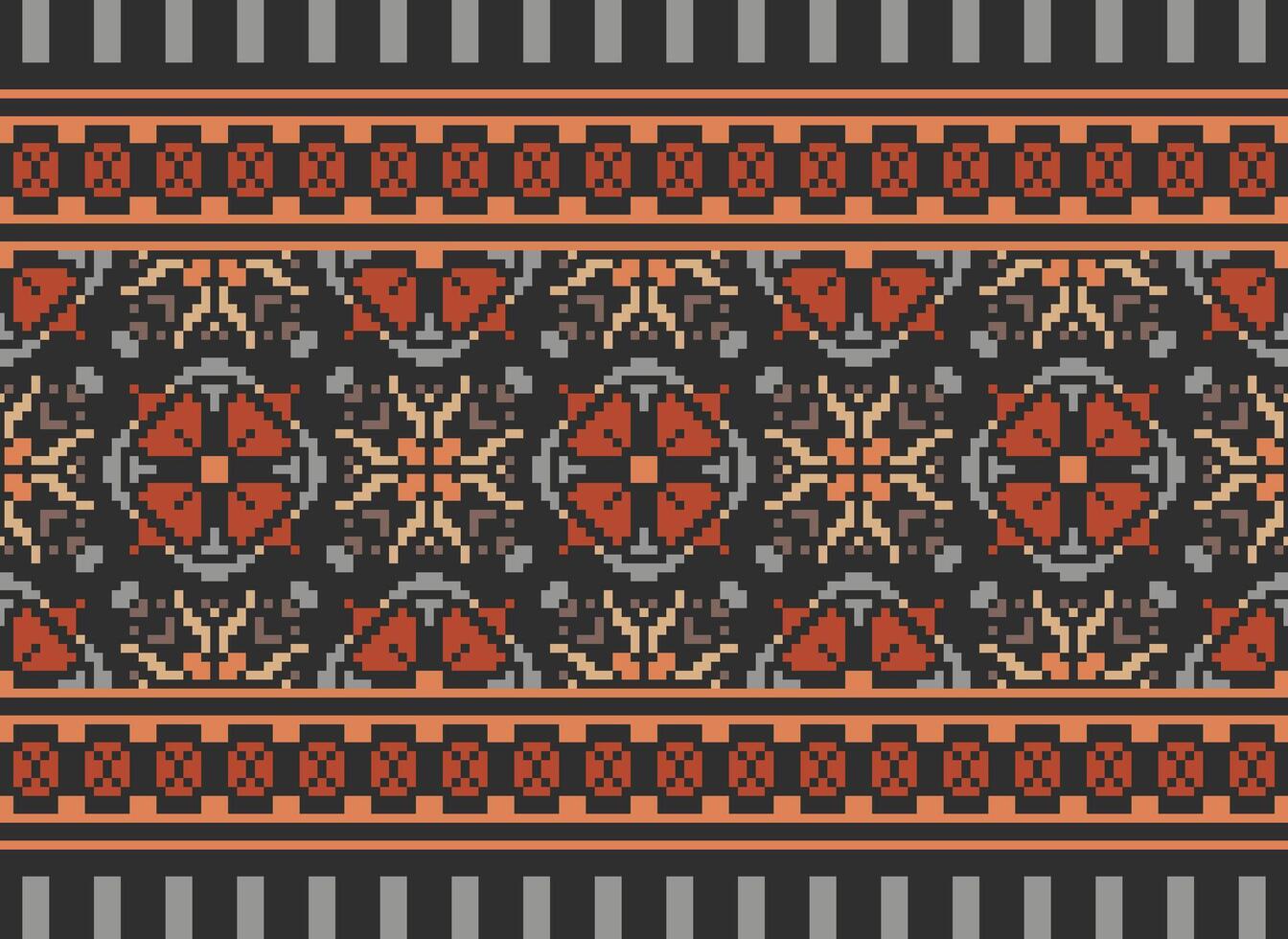 Pixel vintages cross stitch traditional ethnic pattern paisley flower Ikat background abstract Aztec African Indonesian Indian seamless pattern for fabric print cloth dress carpet curtains and sarong vector