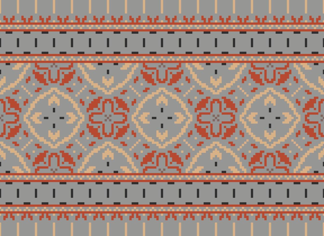 Pixel vintages cross stitch traditional ethnic pattern paisley flower Ikat background abstract Aztec African Indonesian Indian seamless pattern for fabric print cloth dress carpet curtains and sarong vector